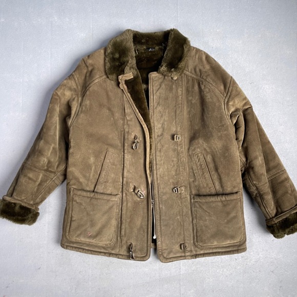 Gallery Leather Jacket Faux Fur Lined Olive Green Winter Coat Mens Size S - Picture 1 of 14